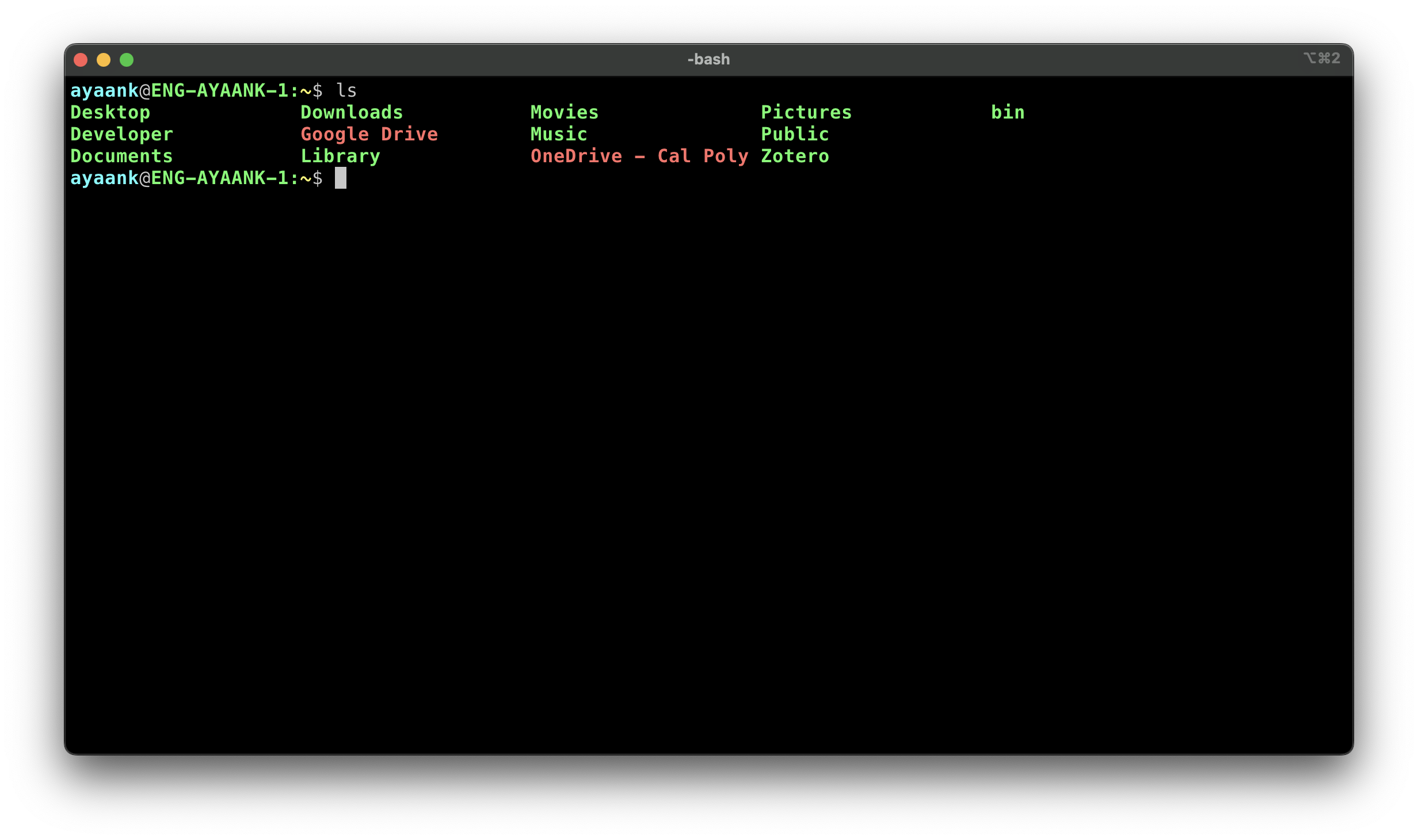 A screenshot of the iTerm app in macOS, depicting the contents of a home folder.