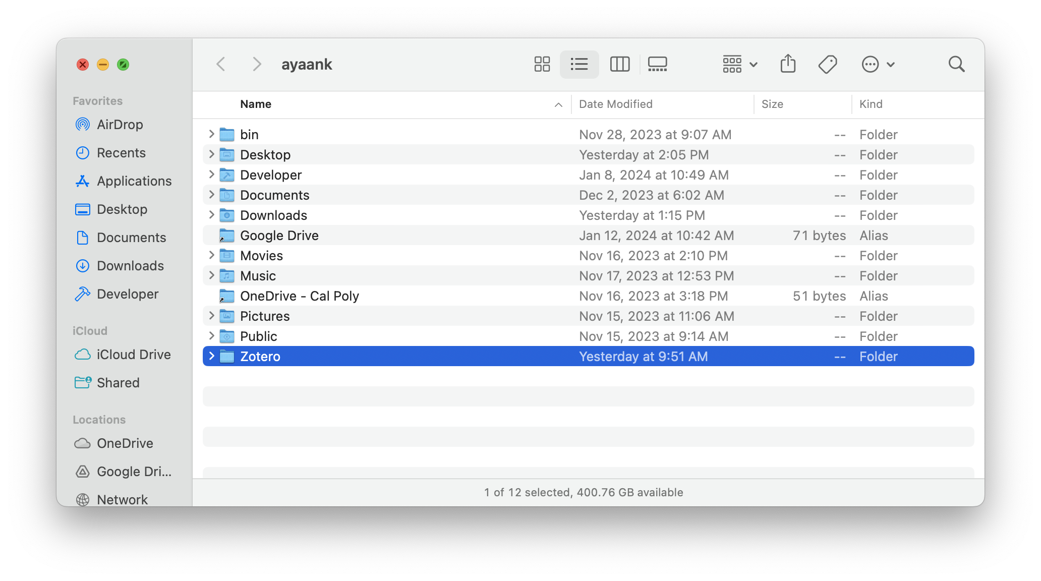 A screenshot of the Finder app in macOS, depicting a home folder.