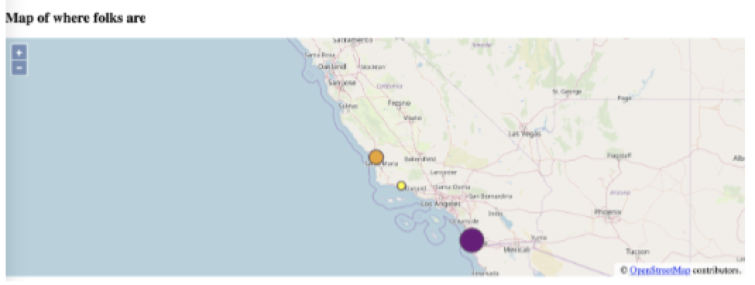 A picture of a map with markers in three locations in California.